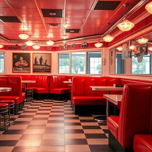 Classic 1950s-style diner with checkered floors and red booths