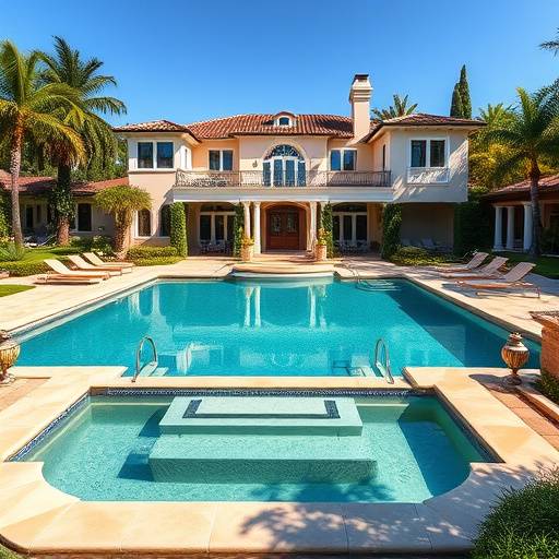 Elegant Spanish-style mansion with a swimming pool and manicured gardens in Beverly Hills