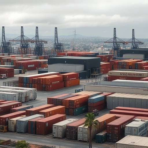 Gritty industrial landscape with warehouses and shipping containers in Los Angeles