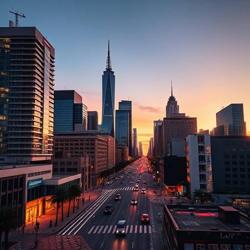 Modern high-rise buildings and bustling streets of Downtown Los Angeles at dusk