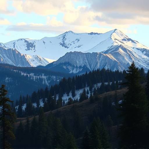 Snow-capped mountains and pine forests in Angeles National Forest near Los Angeles